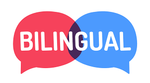 Binlingual speech bubble in red and blue